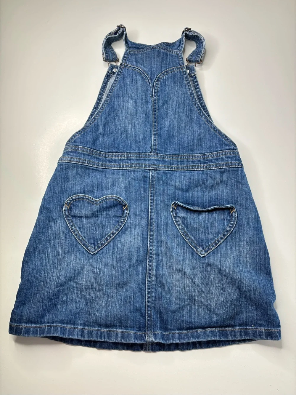 Mini Boden Blue Denim Girls' Overall Dress with Polka Dot Lining